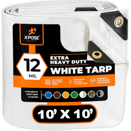 Xpose Safety Heavy Duty Tarp, 10 ft x 10 ft, 12 Mil, White, Polyethylene WHD-1010-X-A